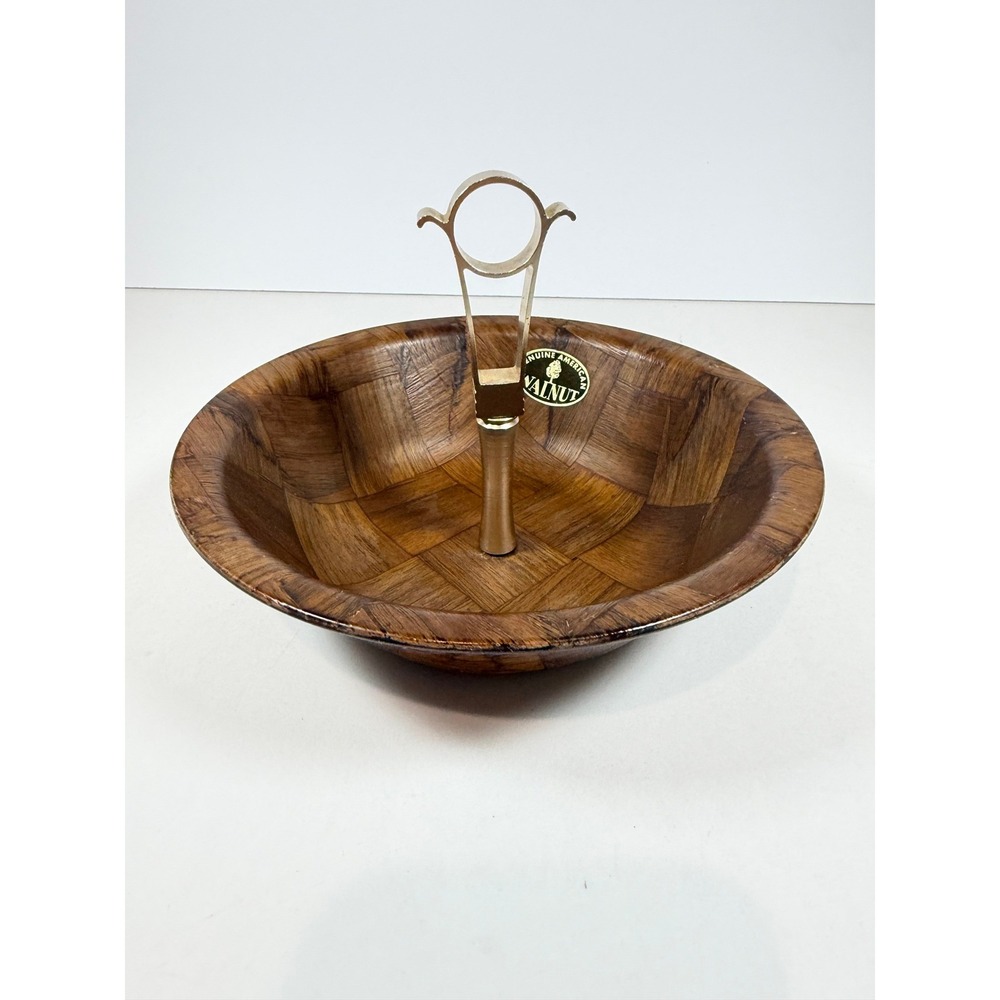 VTG Weavewood Inc Walnut Woven Wood Nut and‎ Candy Bowl 7" Metal Handle MCM